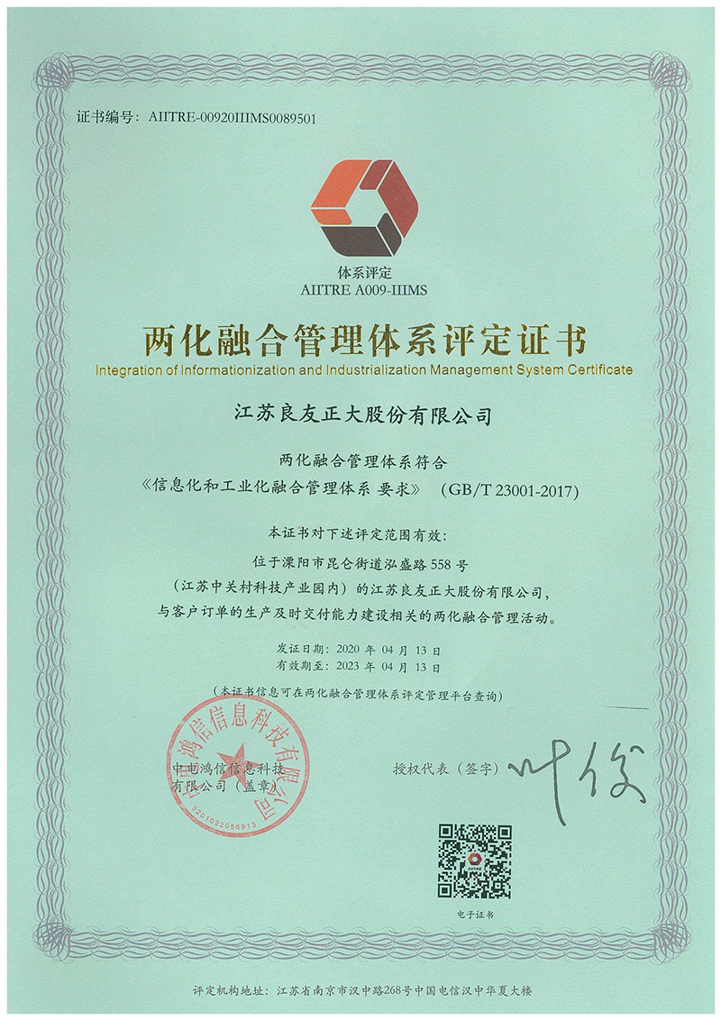 喜訊|良友股份榮獲國(guó)家“兩化融合管理體系評(píng)定證書“(圖2)
