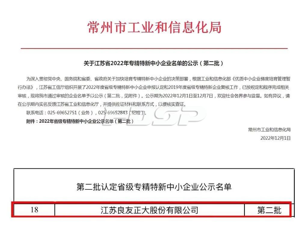 喜訊 | 良友股份獲評(píng)2022年江蘇省“專精特新”企業(yè)(圖1)